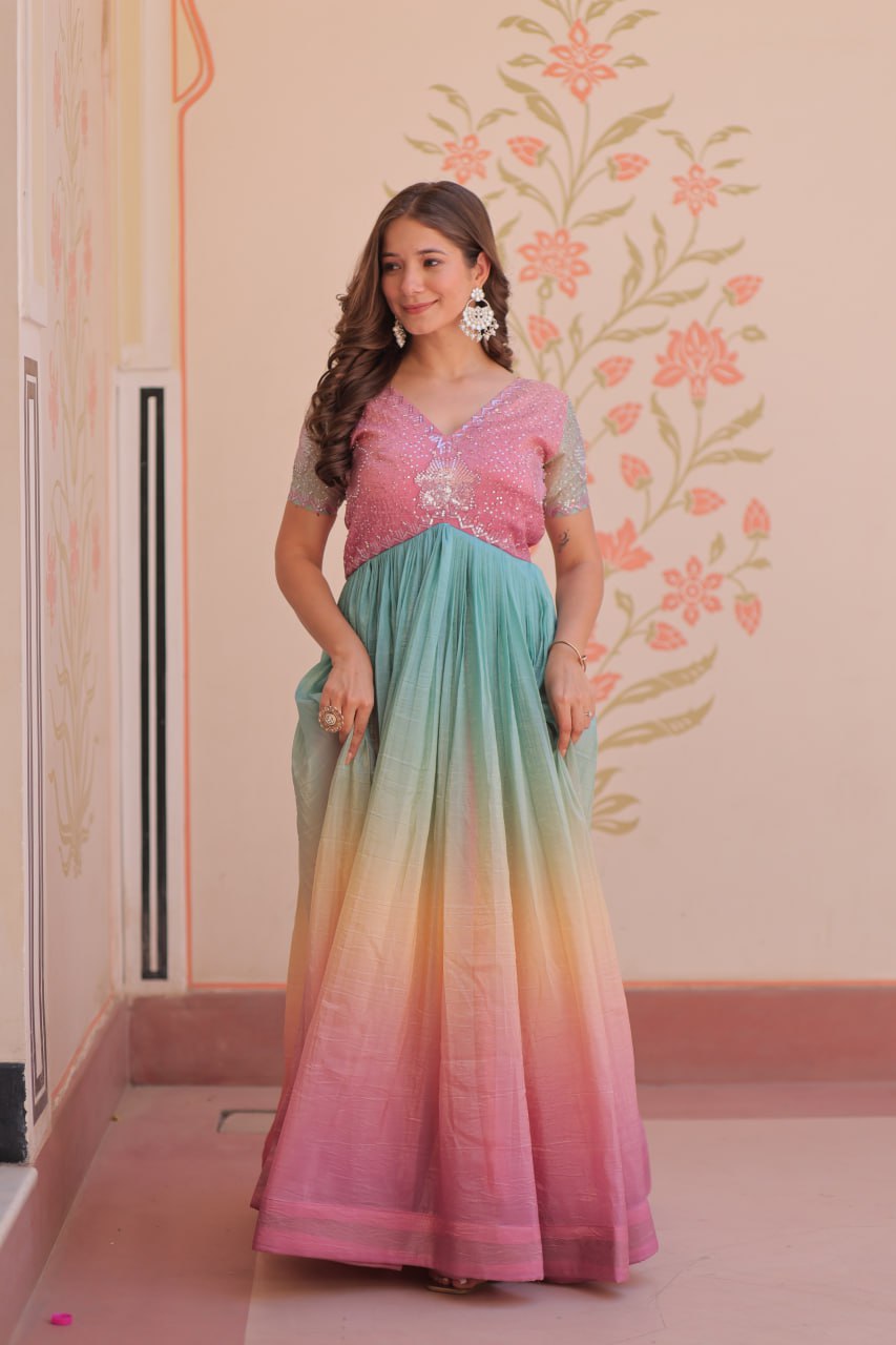 Stunning Gold Crush Bead Embroidered Fully Stitched Gown