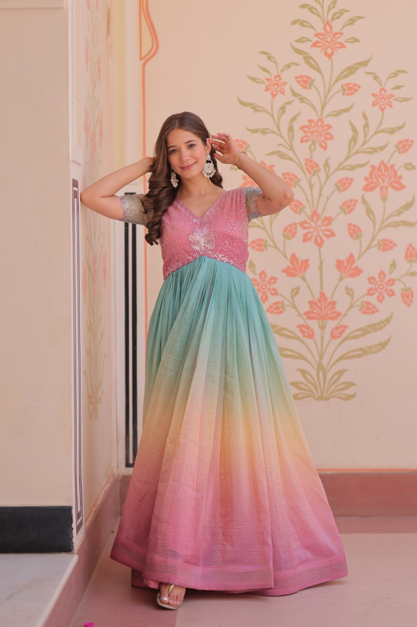 Stunning Gold Crush Bead Embroidered Fully Stitched Gown