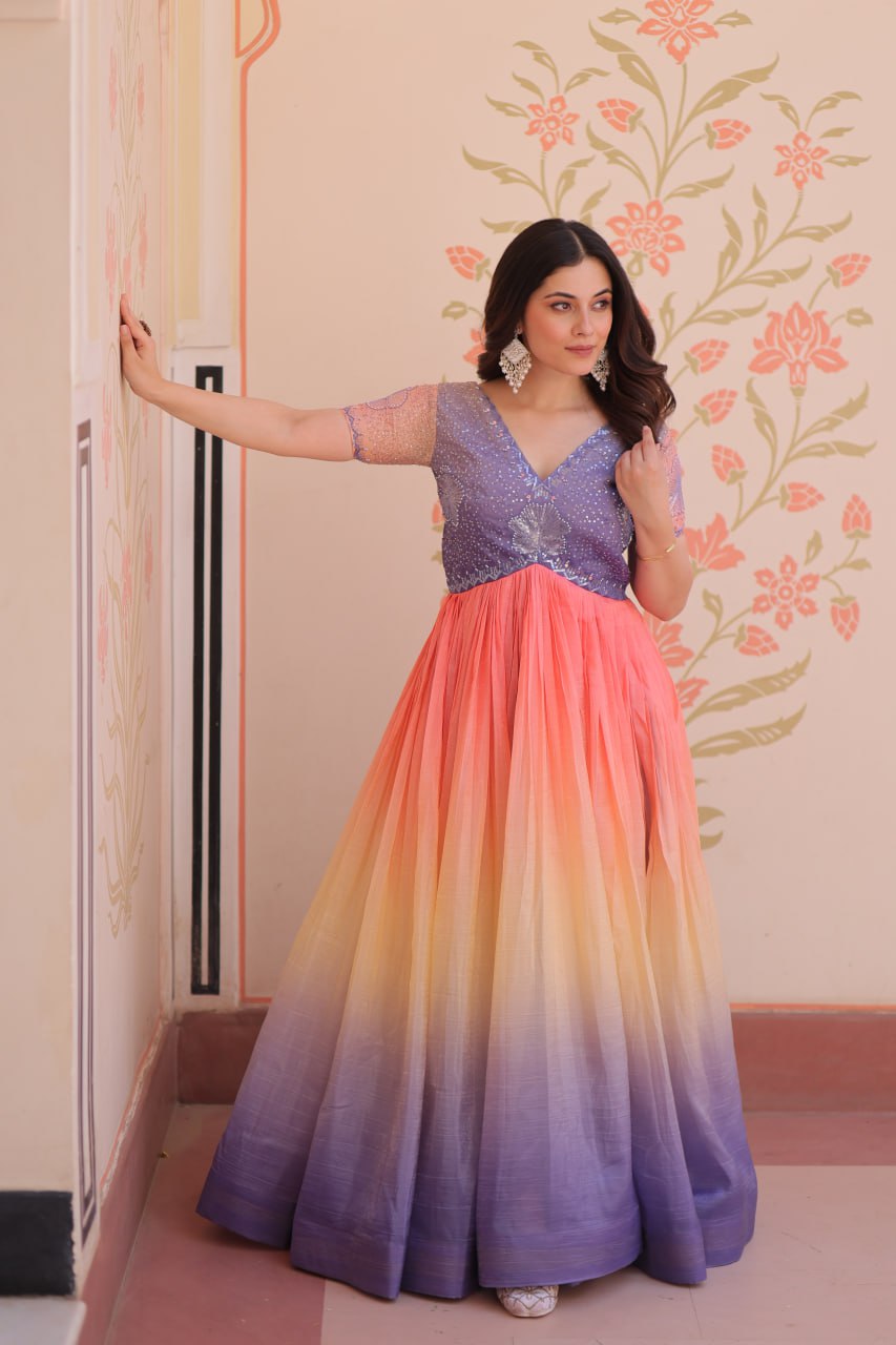 Stunning Gold Crush Bead Embroidered Fully Stitched Gown