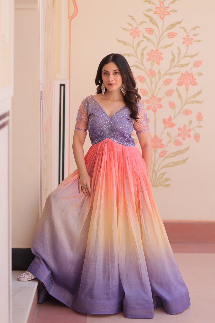 Stunning Gold Crush Bead Embroidered Fully Stitched Gown