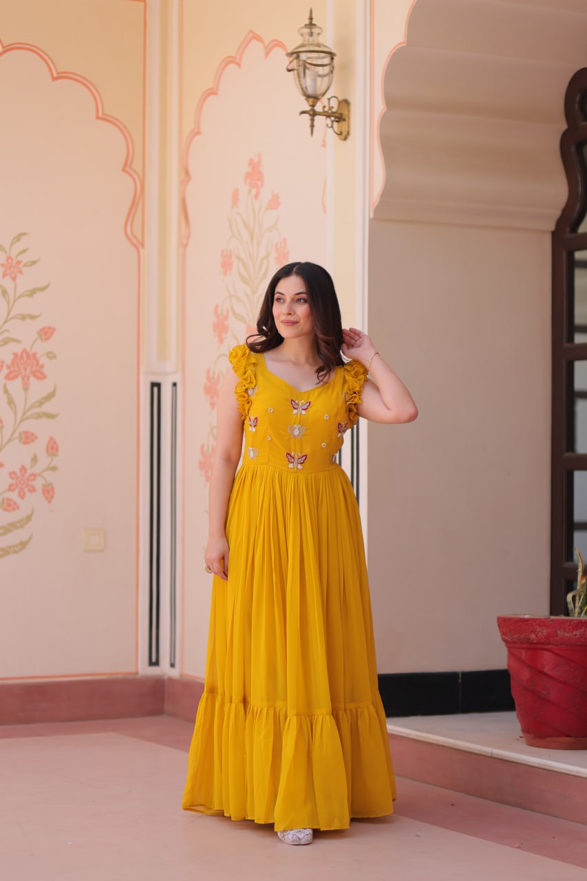 Designer Faux Georgette Frill Gown With Heavy Flair
