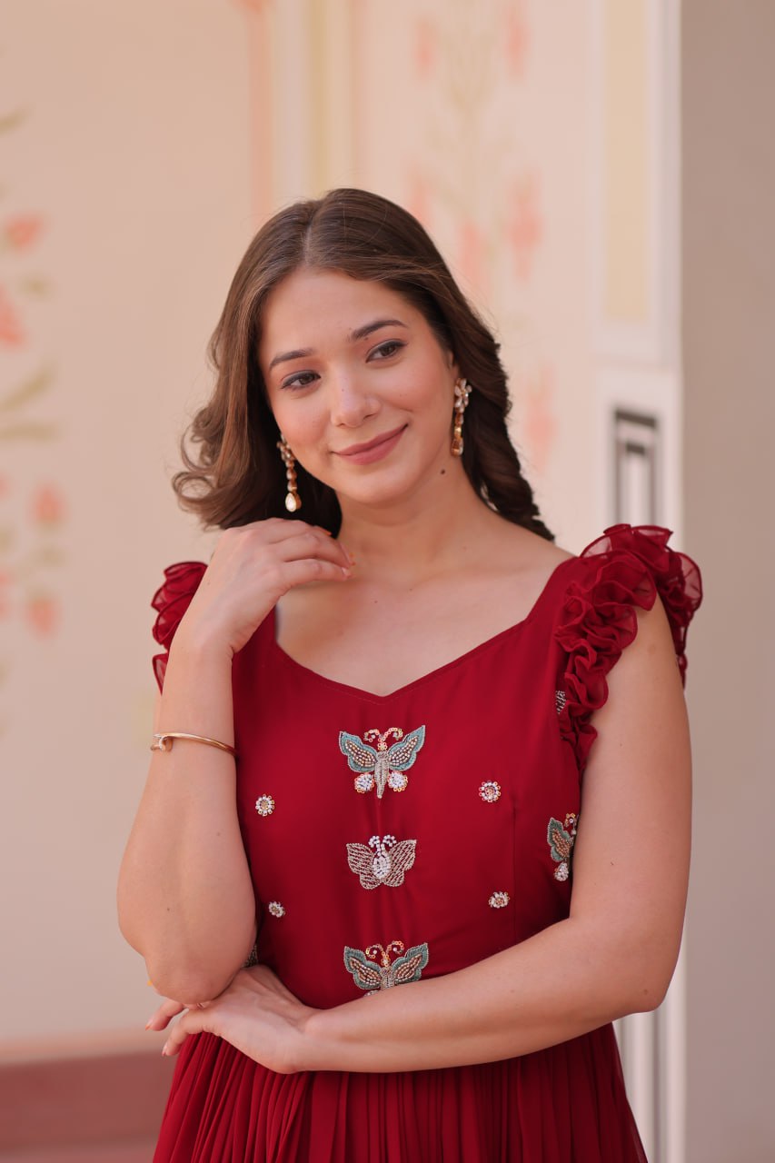 Designer Faux Georgette Frill Gown With Heavy Flair