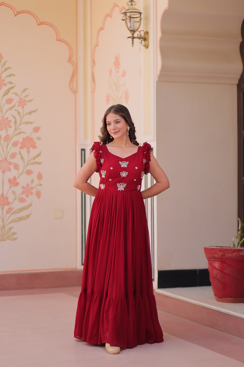 Designer Faux Georgette Frill Gown With Heavy Flair