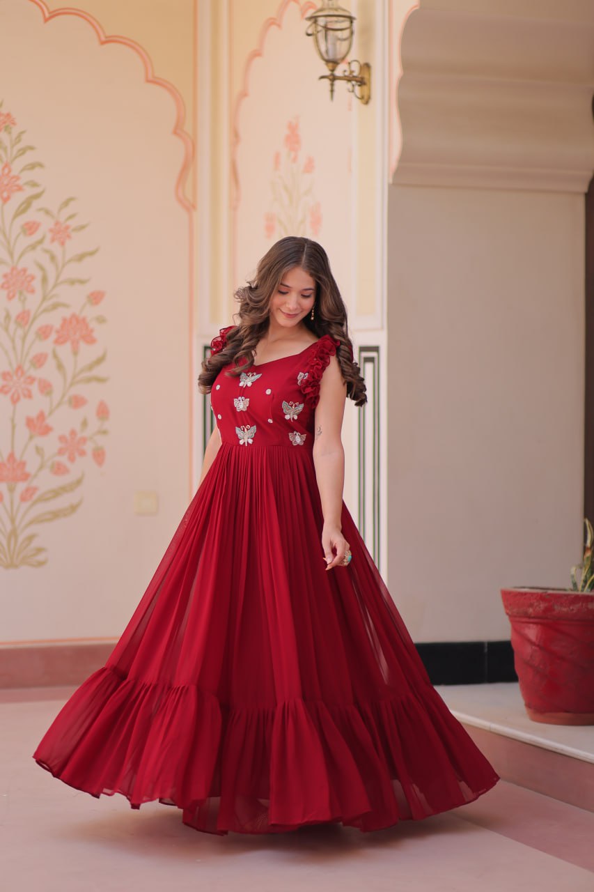 Designer Faux Georgette Frill Gown With Heavy Flair