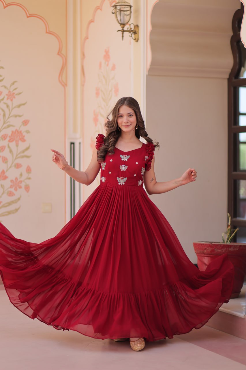 Designer Faux Georgette Frill Gown With Heavy Flair