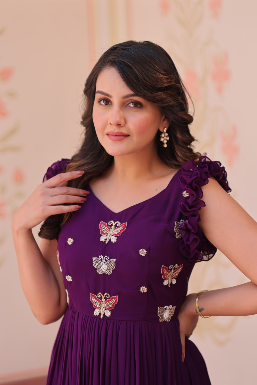 Designer Faux Georgette Frill Gown With Heavy Flair