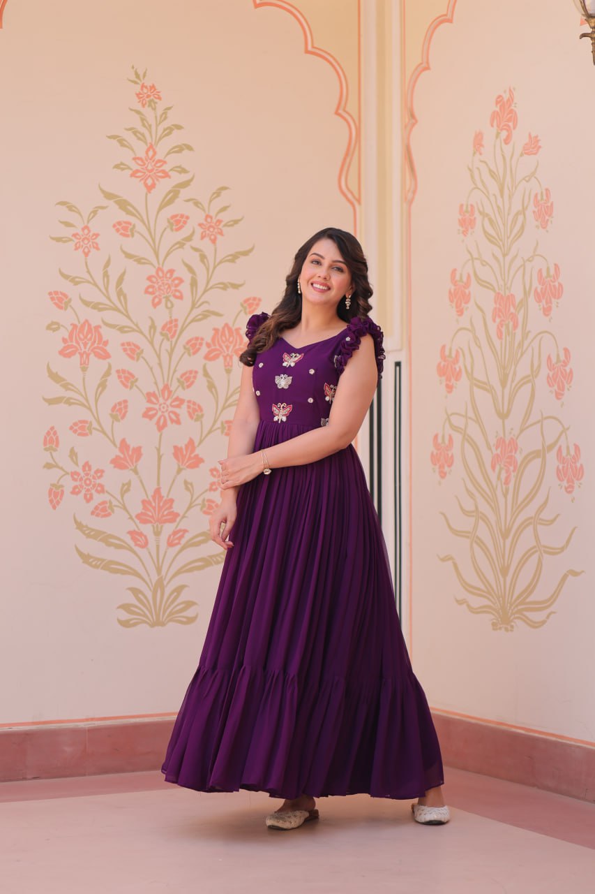Designer Faux Georgette Frill Gown With Heavy Flair