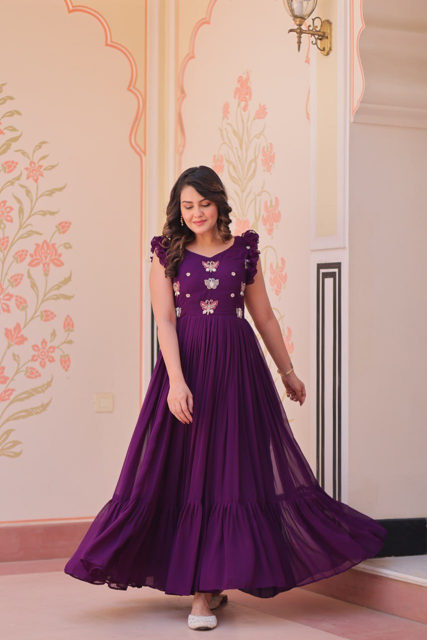 Designer Faux Georgette Frill Gown With Heavy Flair