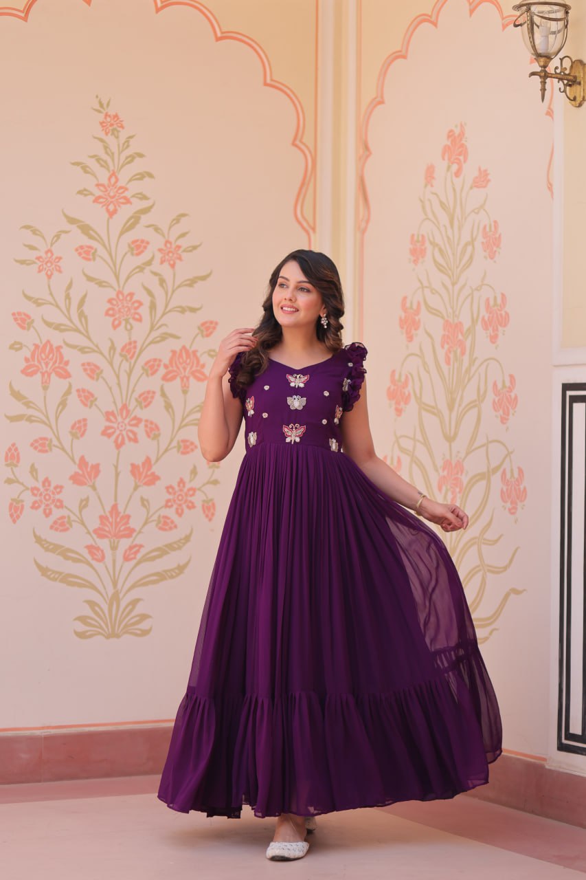 Designer Faux Georgette Frill Gown With Heavy Flair