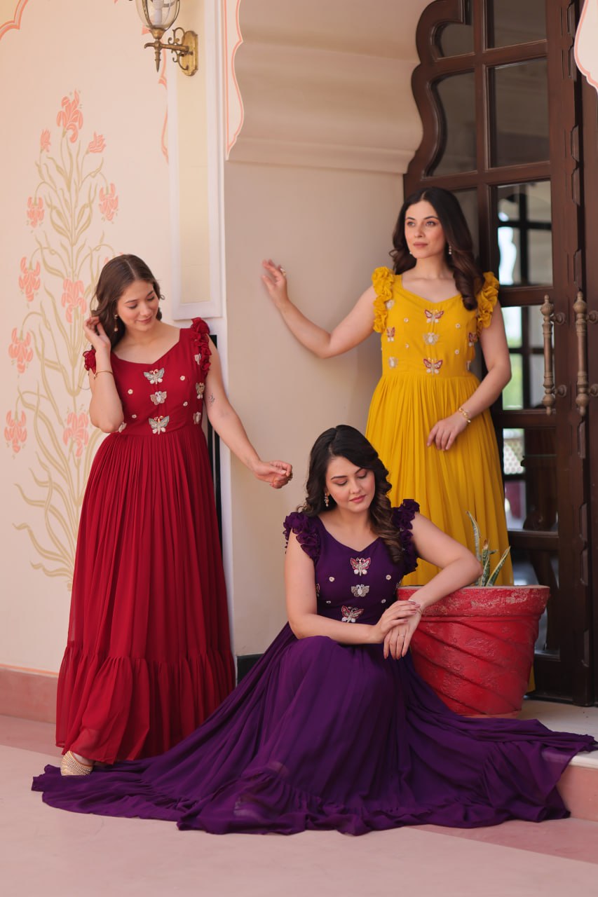 Designer Faux Georgette Frill Gown With Heavy Flair