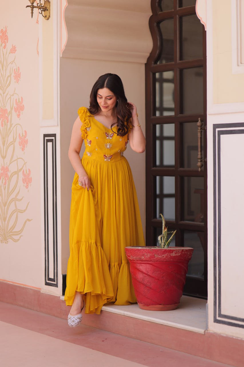 Designer Faux Georgette Frill Gown With Heavy Flair