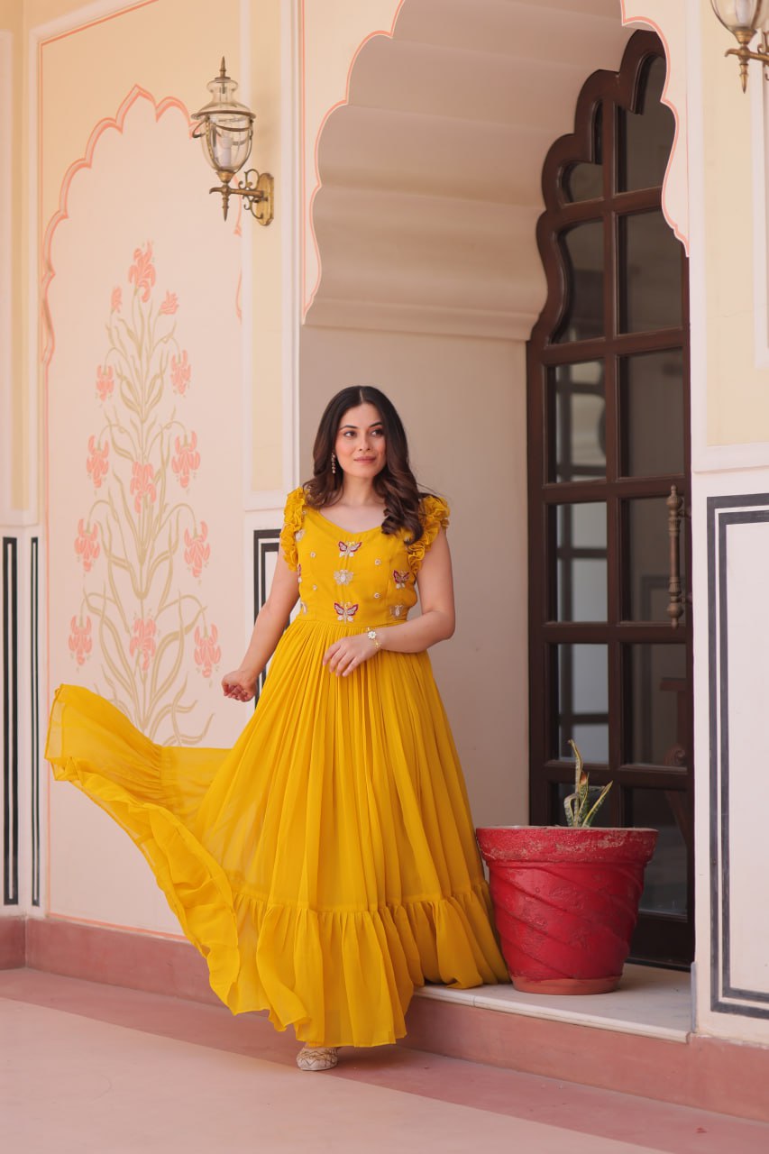 Designer Faux Georgette Frill Gown With Heavy Flair