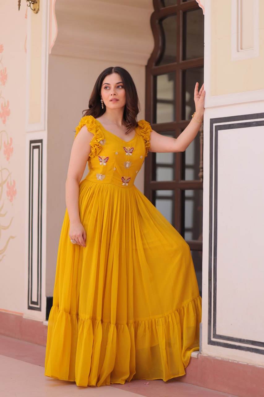 Designer Faux Georgette Frill Gown With Heavy Flair