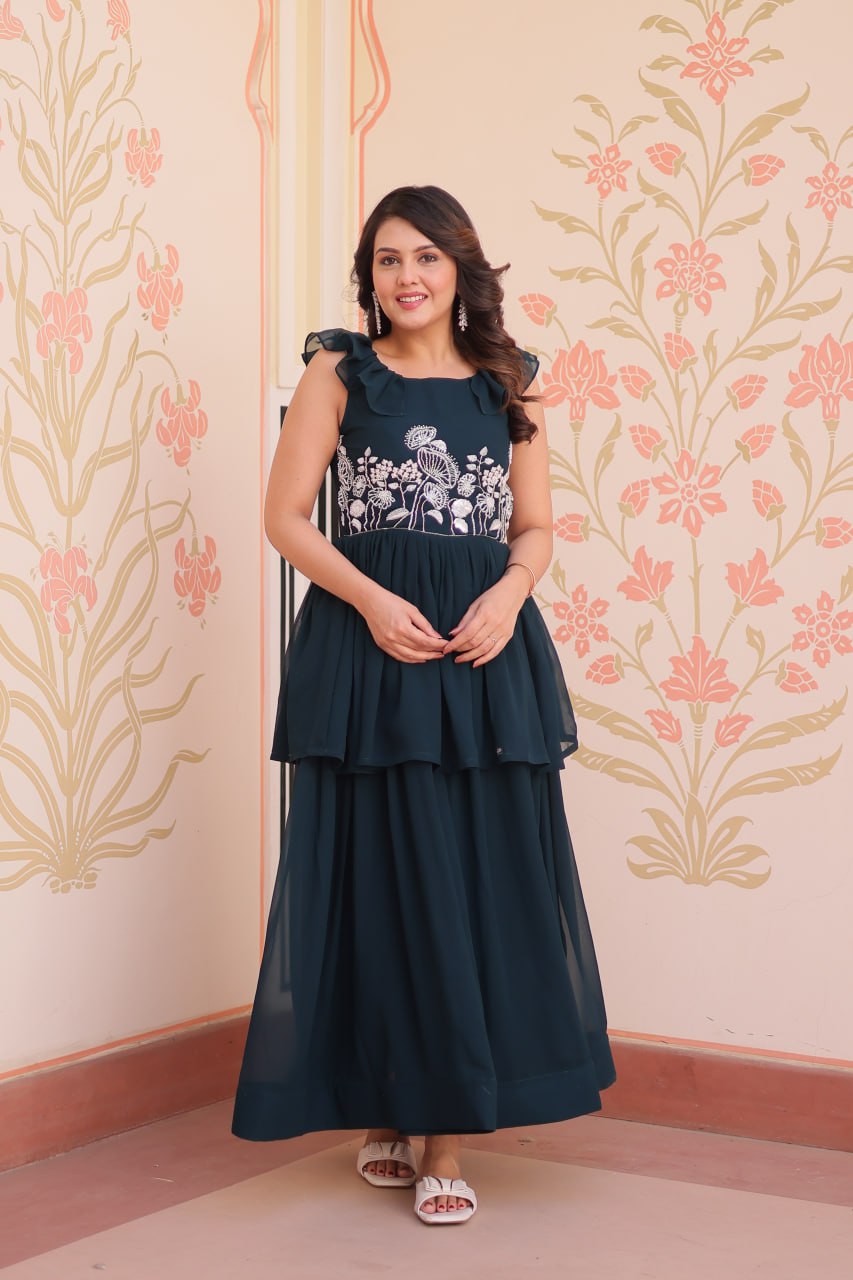 Sleeveless Faux Blooming Beads Embroidered Gown – Party & Festive Wear
