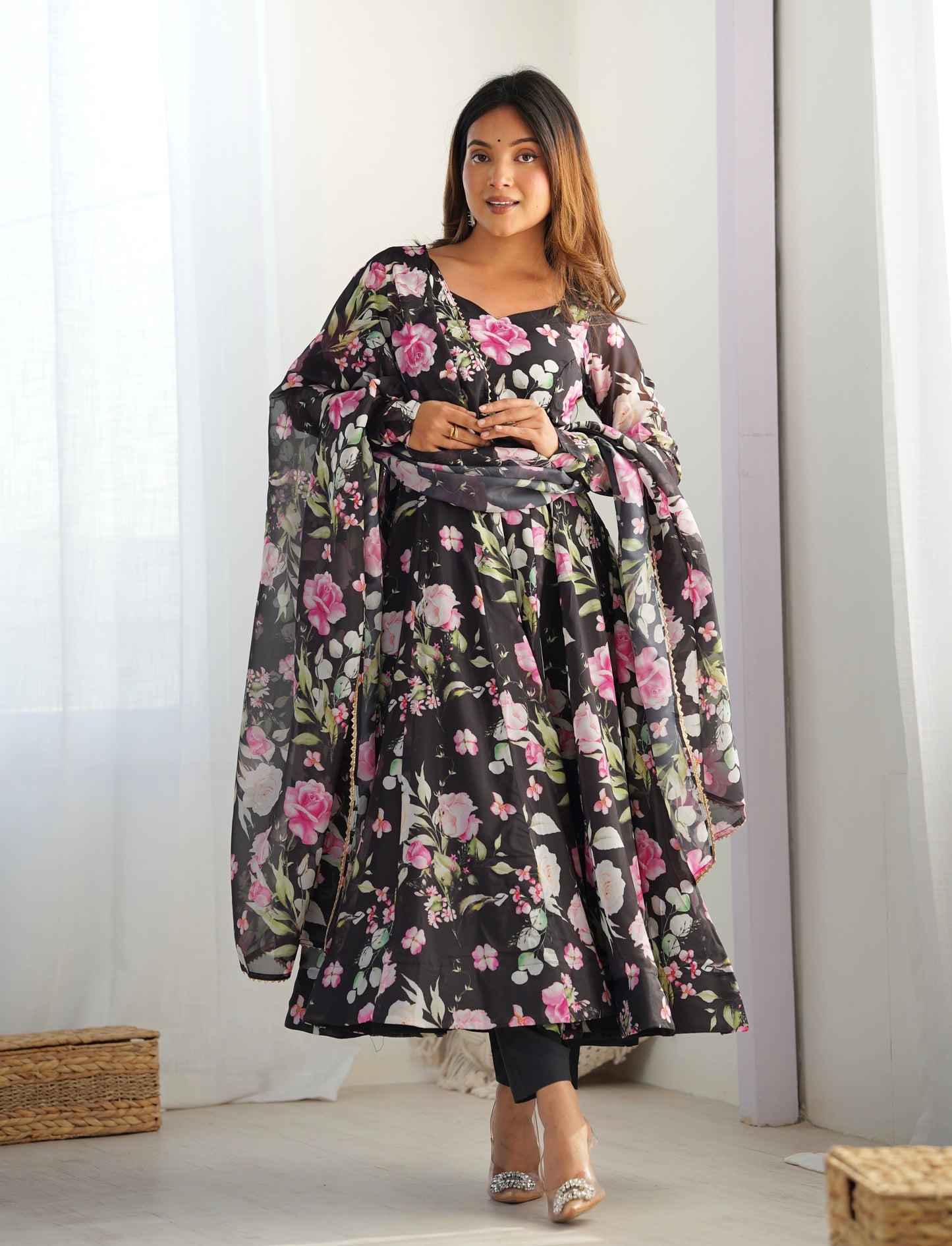 Ravishing Black Pure Organza Silk Floral Printed Anarkali Pant Suit