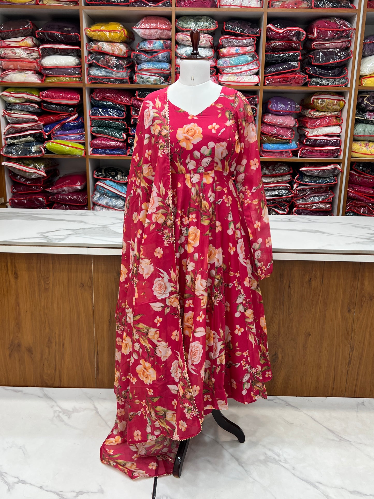 Fabulous Pink Pure Organza Silk Floral Printed Anarkali Pant Suit