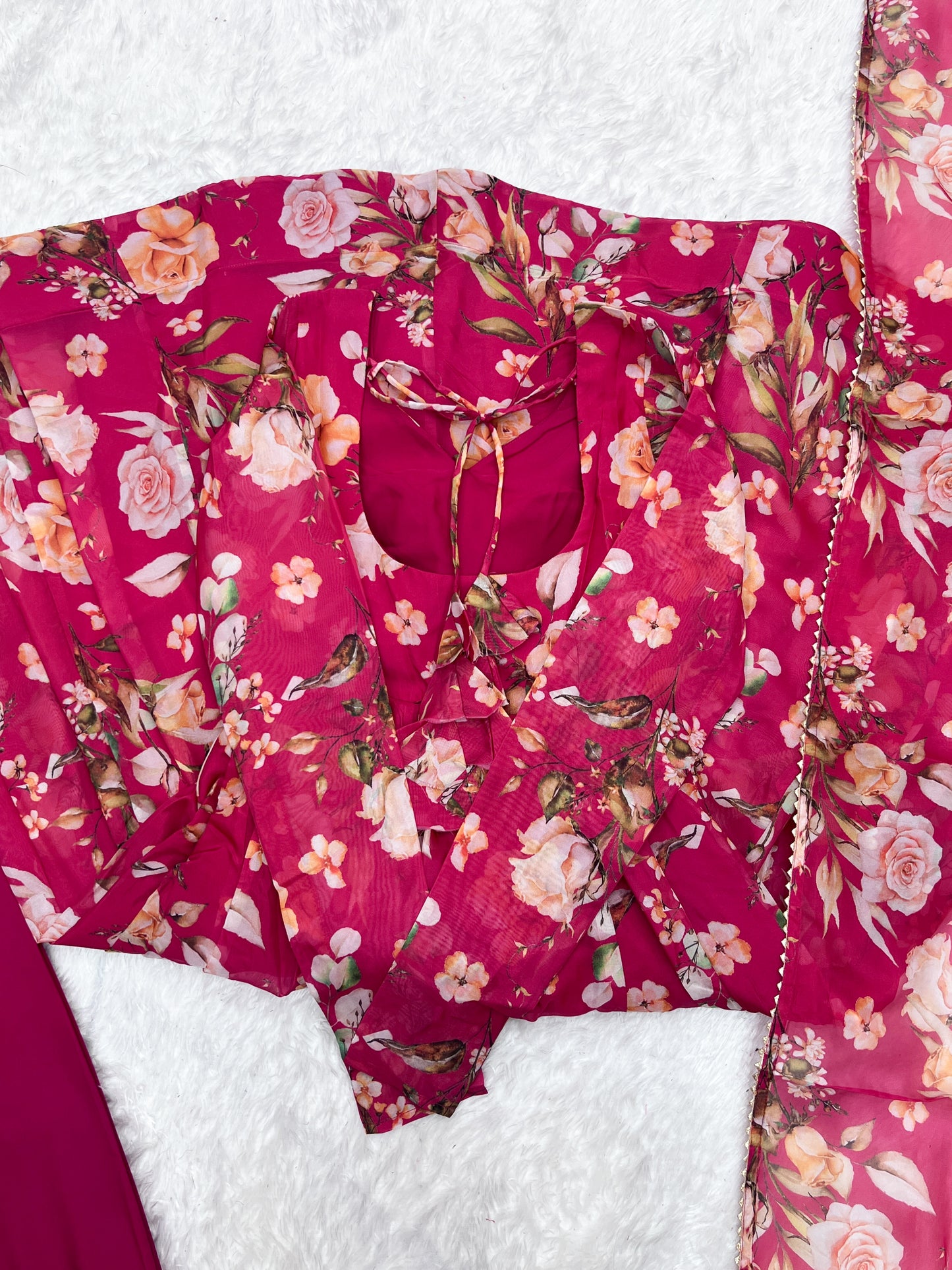 Fabulous Pink Pure Organza Silk Floral Printed Anarkali Pant Suit
