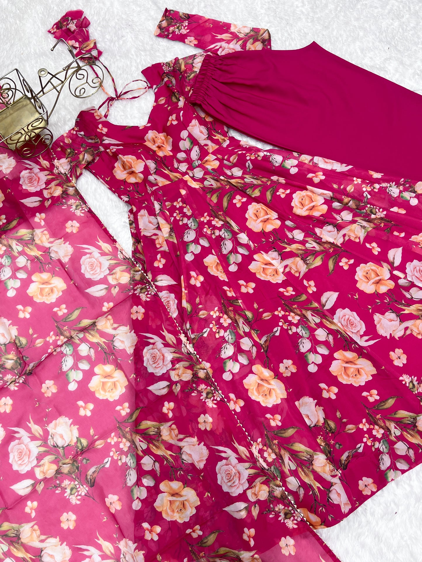 Fabulous Pink Pure Organza Silk Floral Printed Anarkali Pant Suit