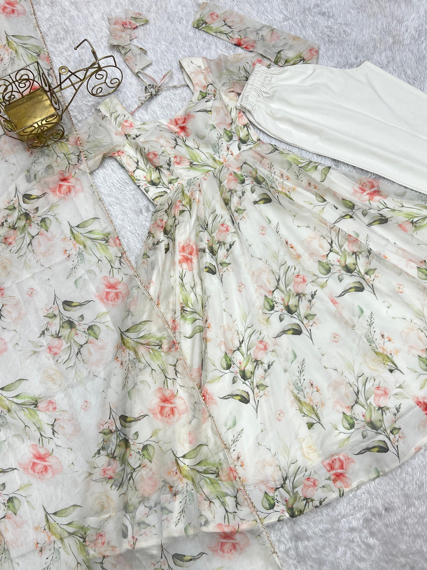 Fabulous White Pure Organza Silk Floral Printed Anarkali Pant Suit - Ethnicwish
