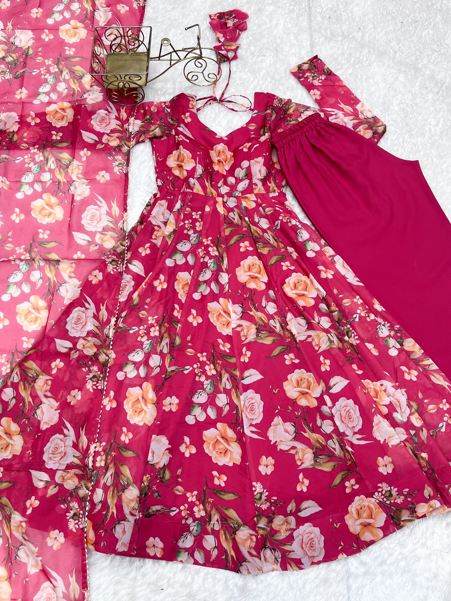 Fabulous Pink Pure Organza Silk Floral Printed Anarkali Pant Suit