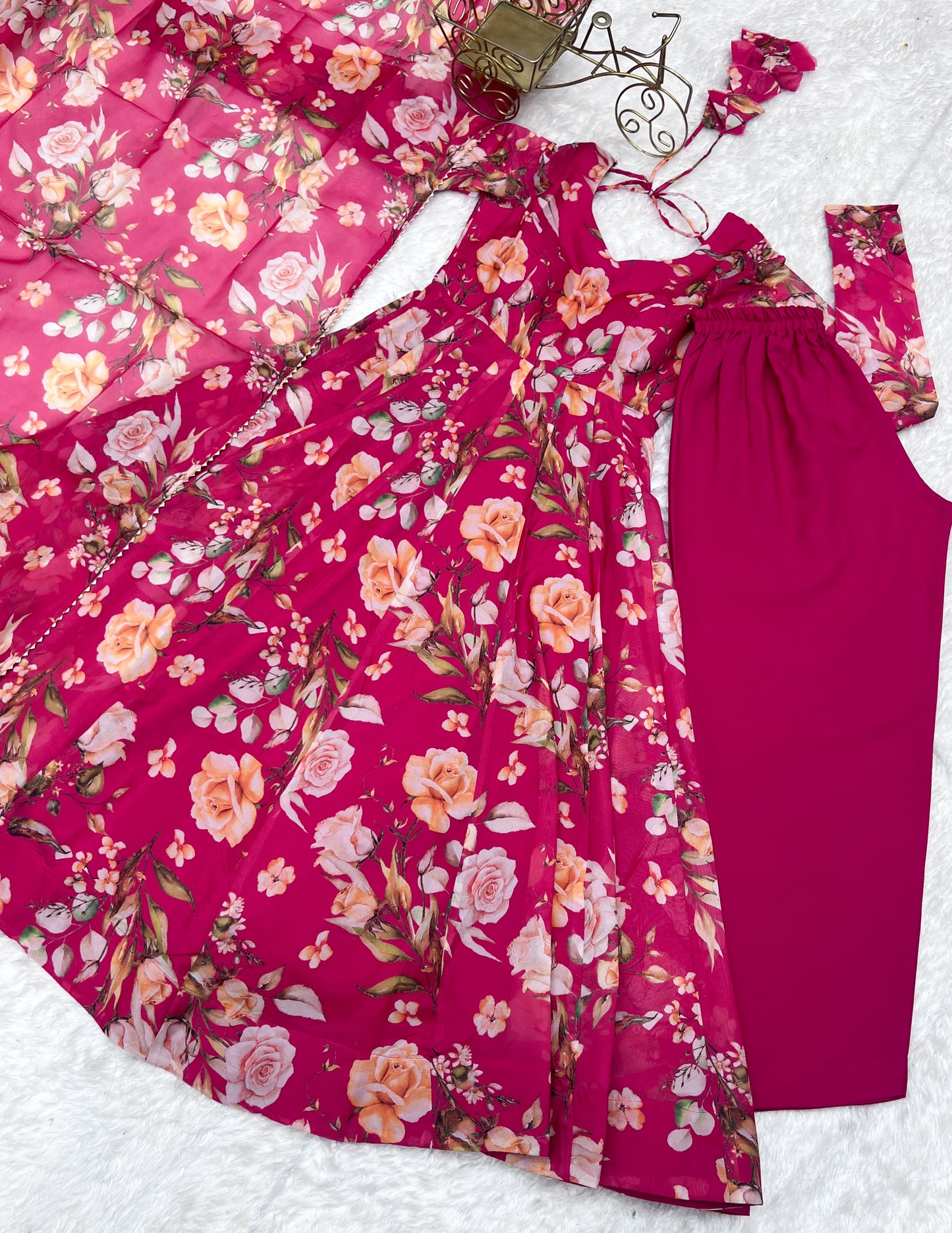 Fabulous Pink Pure Organza Silk Floral Printed Anarkali Pant Suit