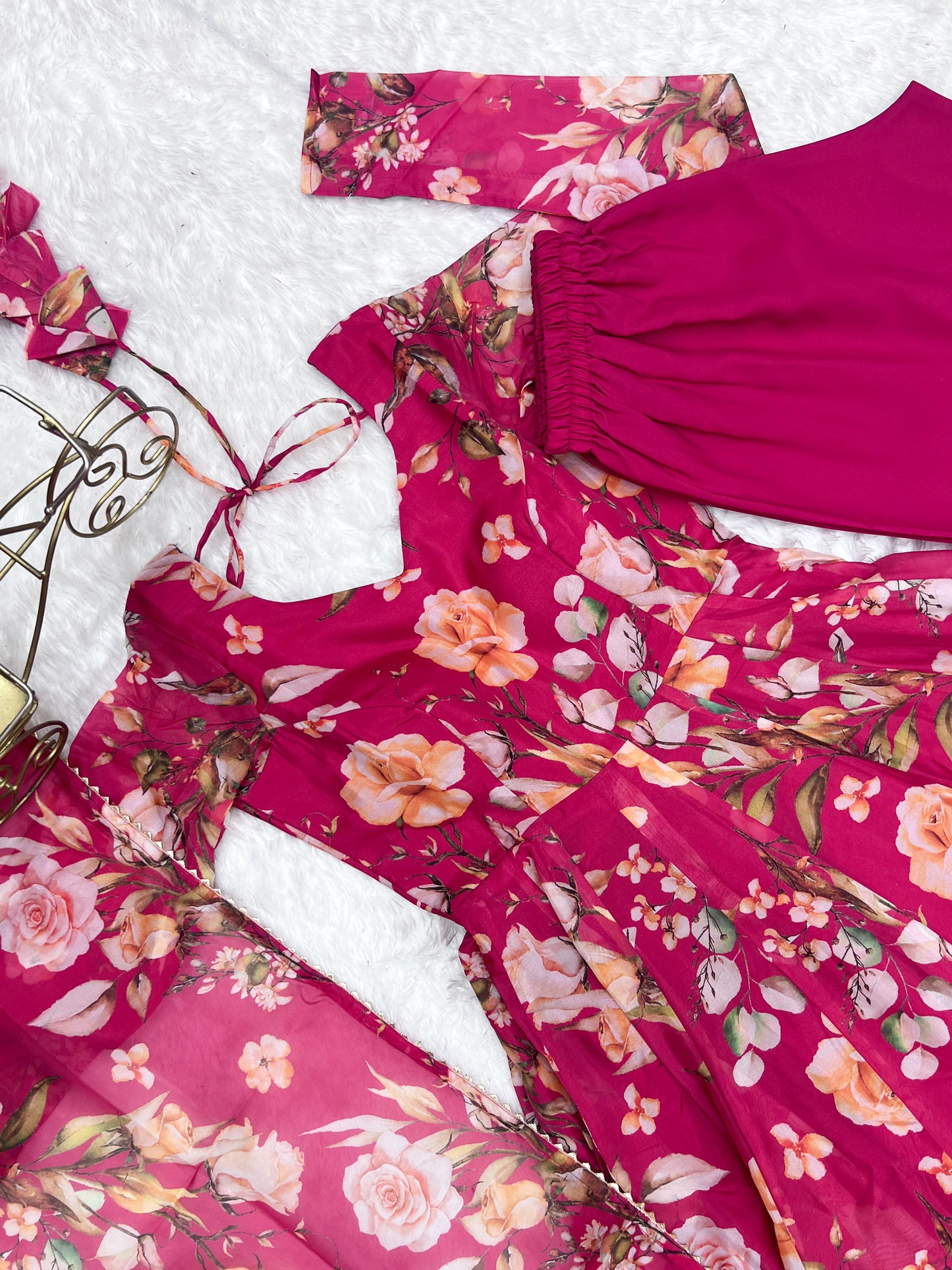 Fabulous Pink Pure Organza Silk Floral Printed Anarkali Pant Suit