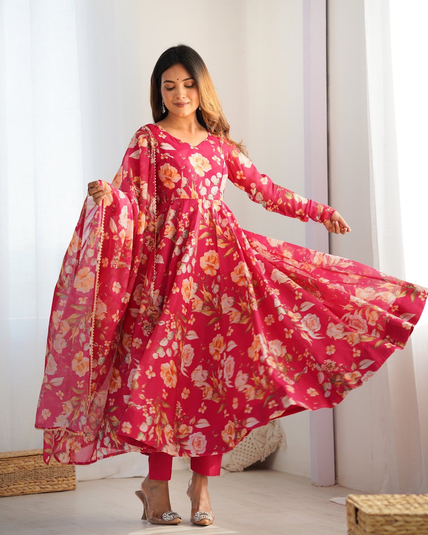 Fabulous Pink Pure Organza Silk Floral Printed Anarkali Pant Suit