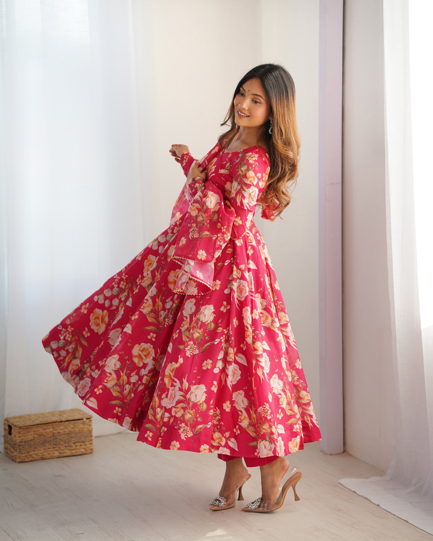 Fabulous Pink Pure Organza Silk Floral Printed Anarkali Pant Suit