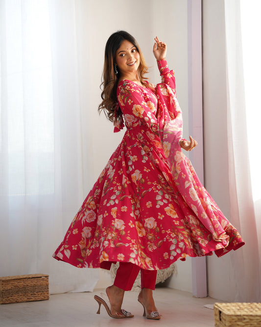Fabulous Pink Pure Organza Silk Floral Printed Anarkali Pant Suit