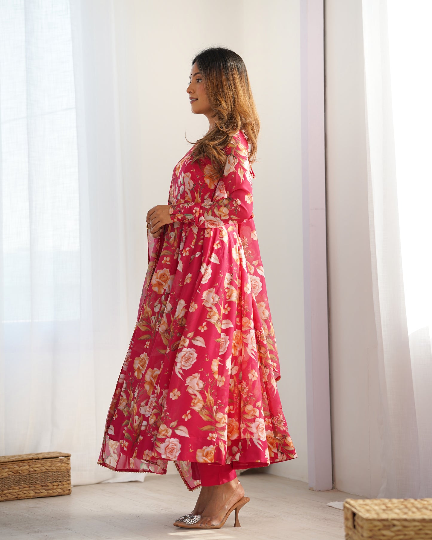 Fabulous Pink Pure Organza Silk Floral Printed Anarkali Pant Suit