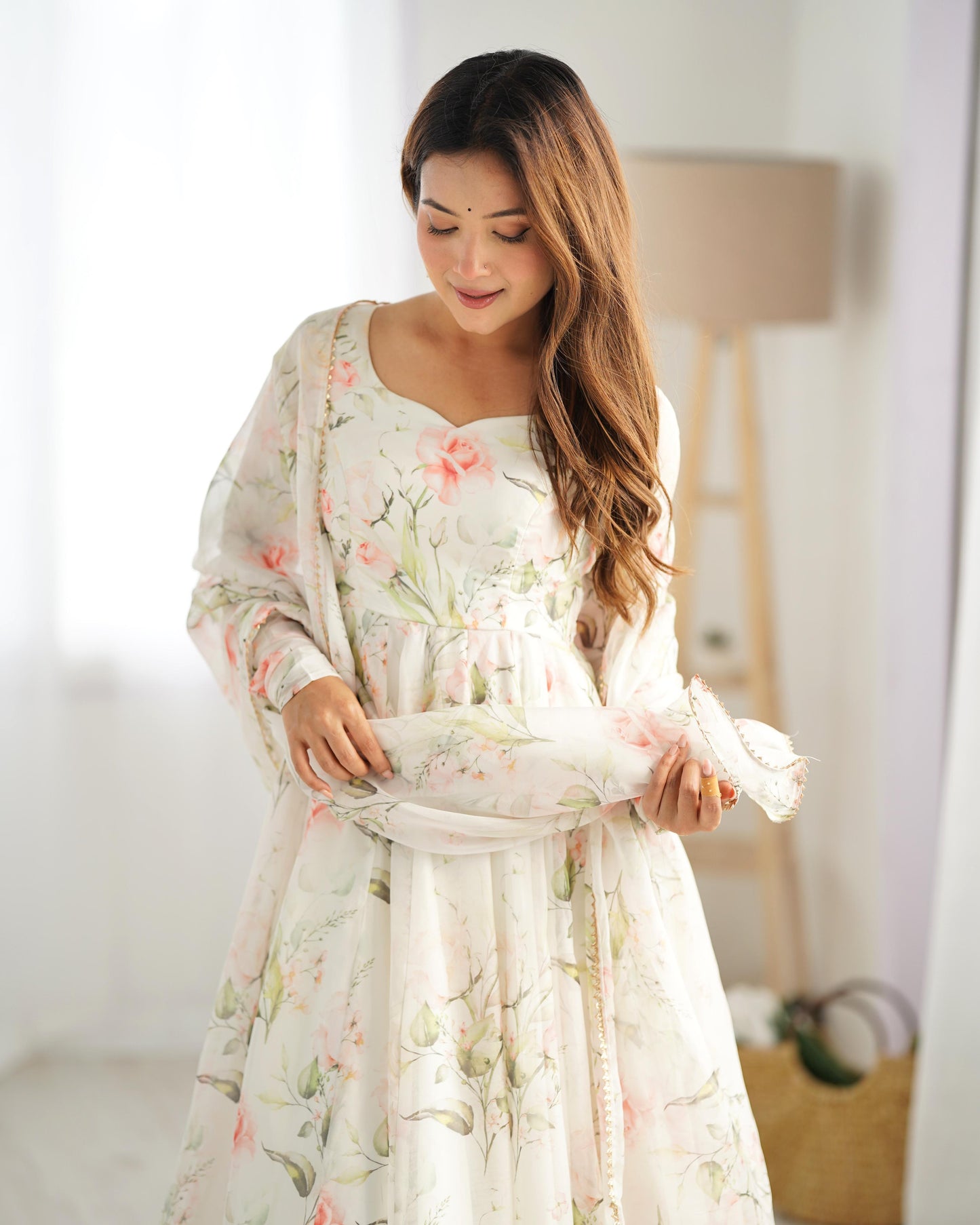 Fabulous White Pure Organza Silk Floral Printed Anarkali Pant Suit - Ethnicwish