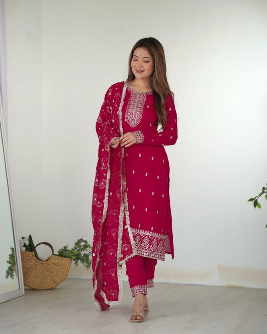 Lovely Pink Rangoli Silk Sequins Zari Embroidered Kurti Pant Suit - Ethnicwish
