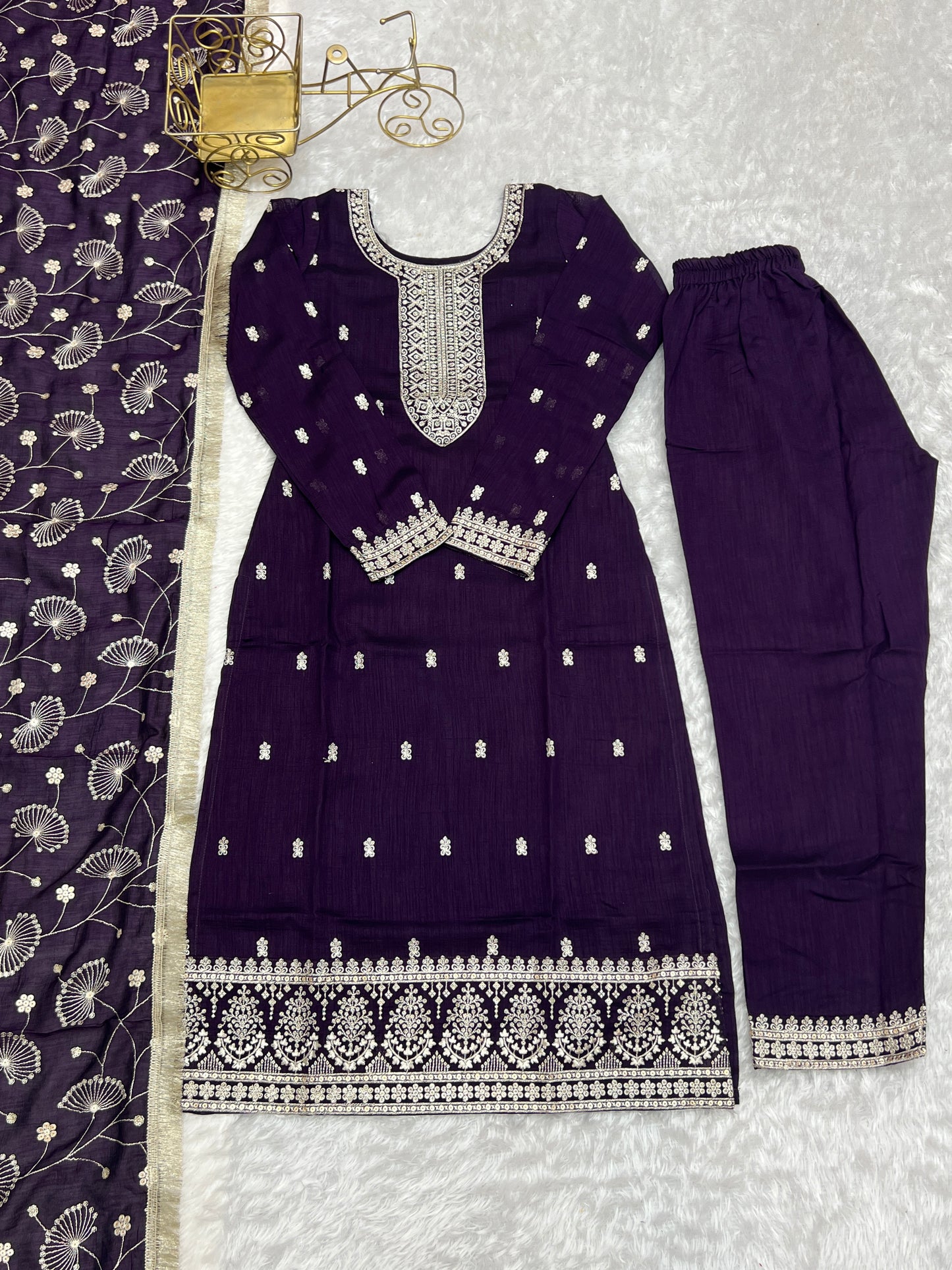 Purple Rangoli Silk Sequins Zari Embroidered Kurti Pant Suit