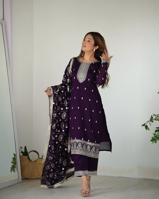 Purple Rangoli Silk Sequins Zari Embroidered Kurti Pant Suit