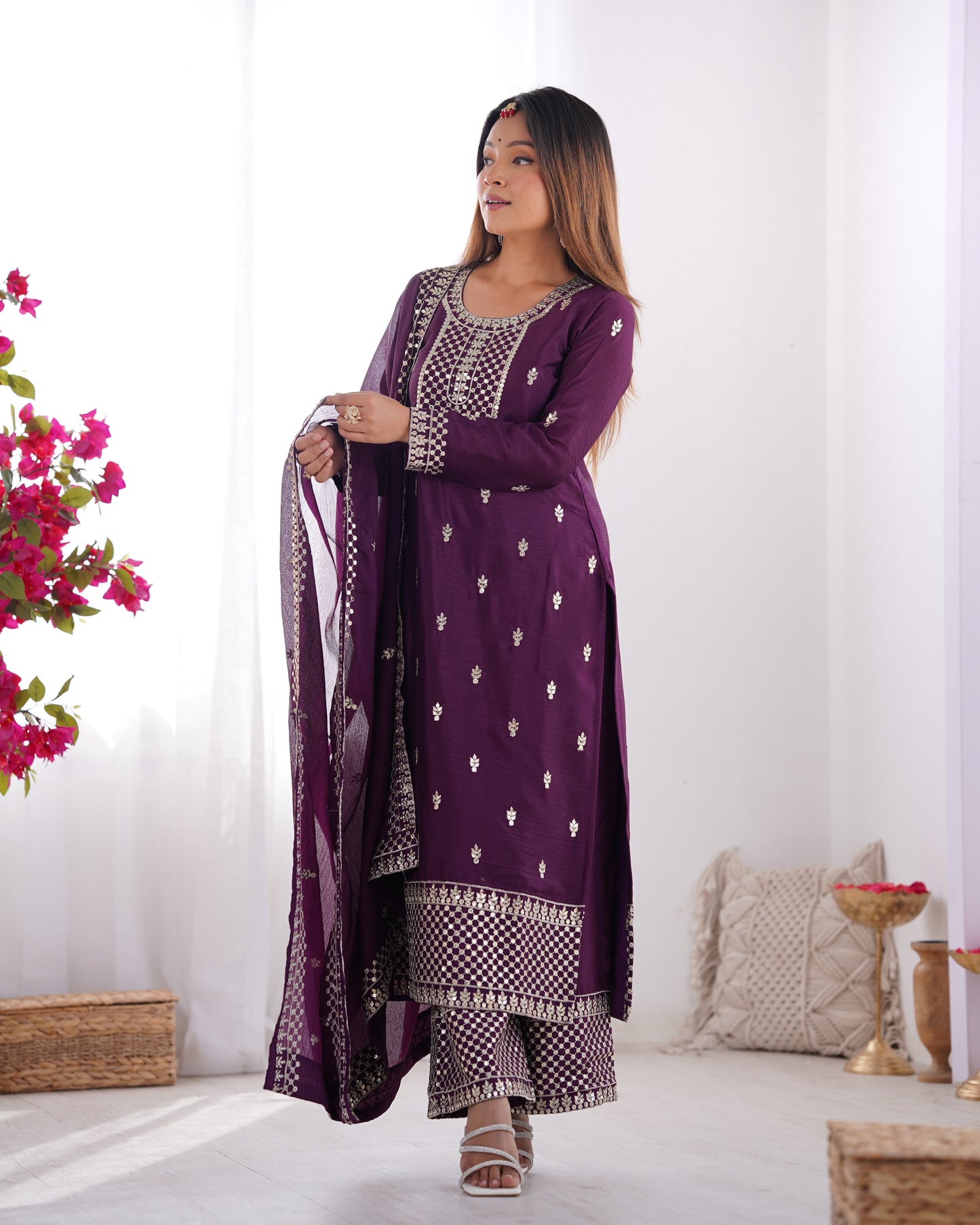 Elegant Embroidered Chinon Silk Kurta Set – A Touch of Royalty