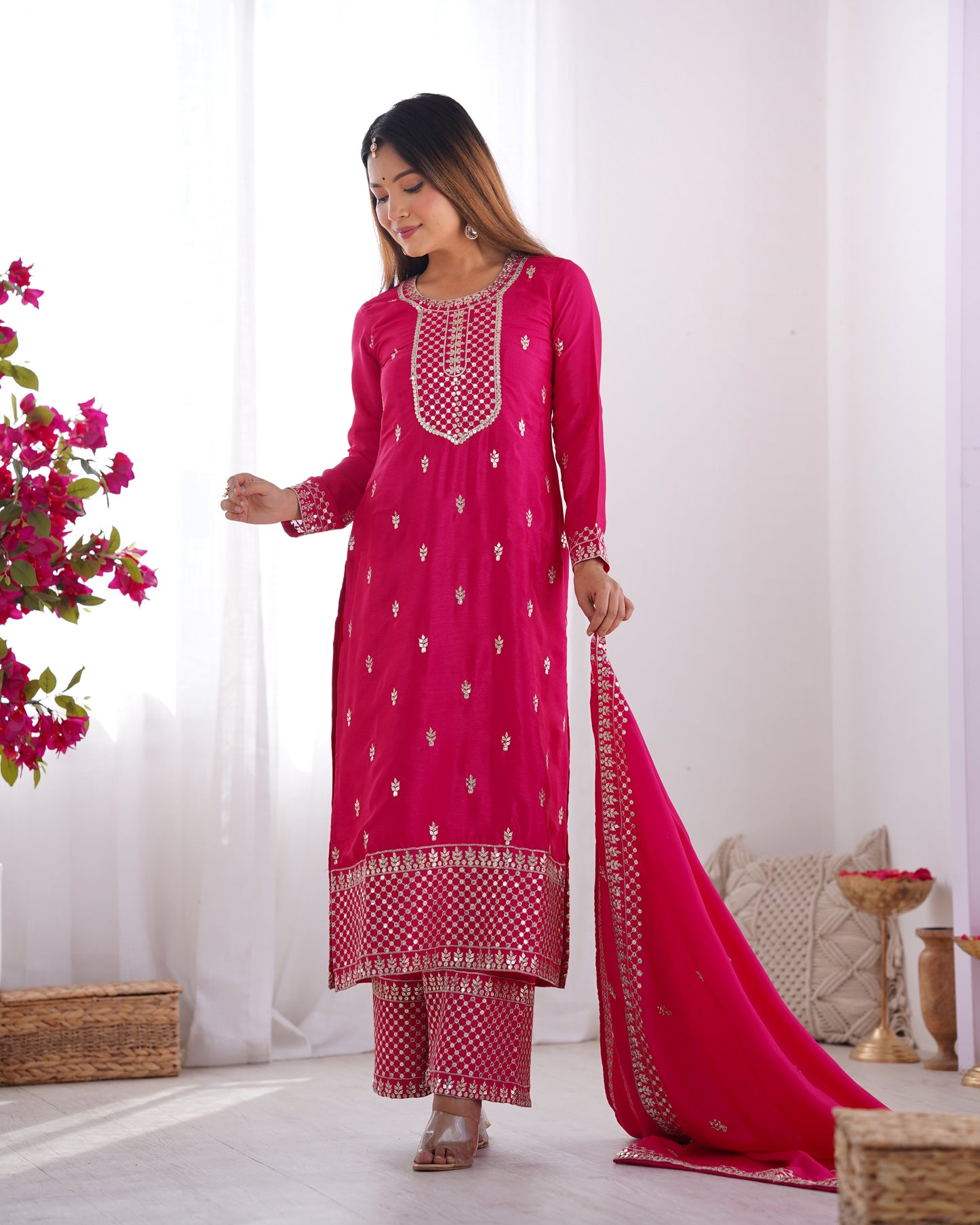 Elegant Embroidered Chinon Silk Kurta Set – A Touch of Royalty