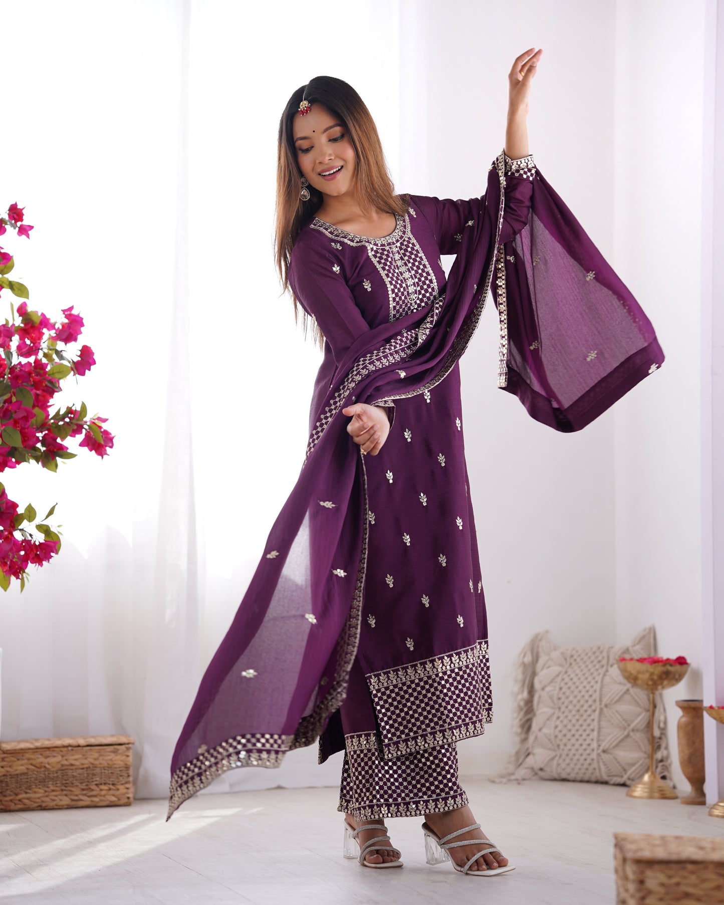 Elegant Embroidered Chinon Silk Kurta Set – A Touch of Royalty