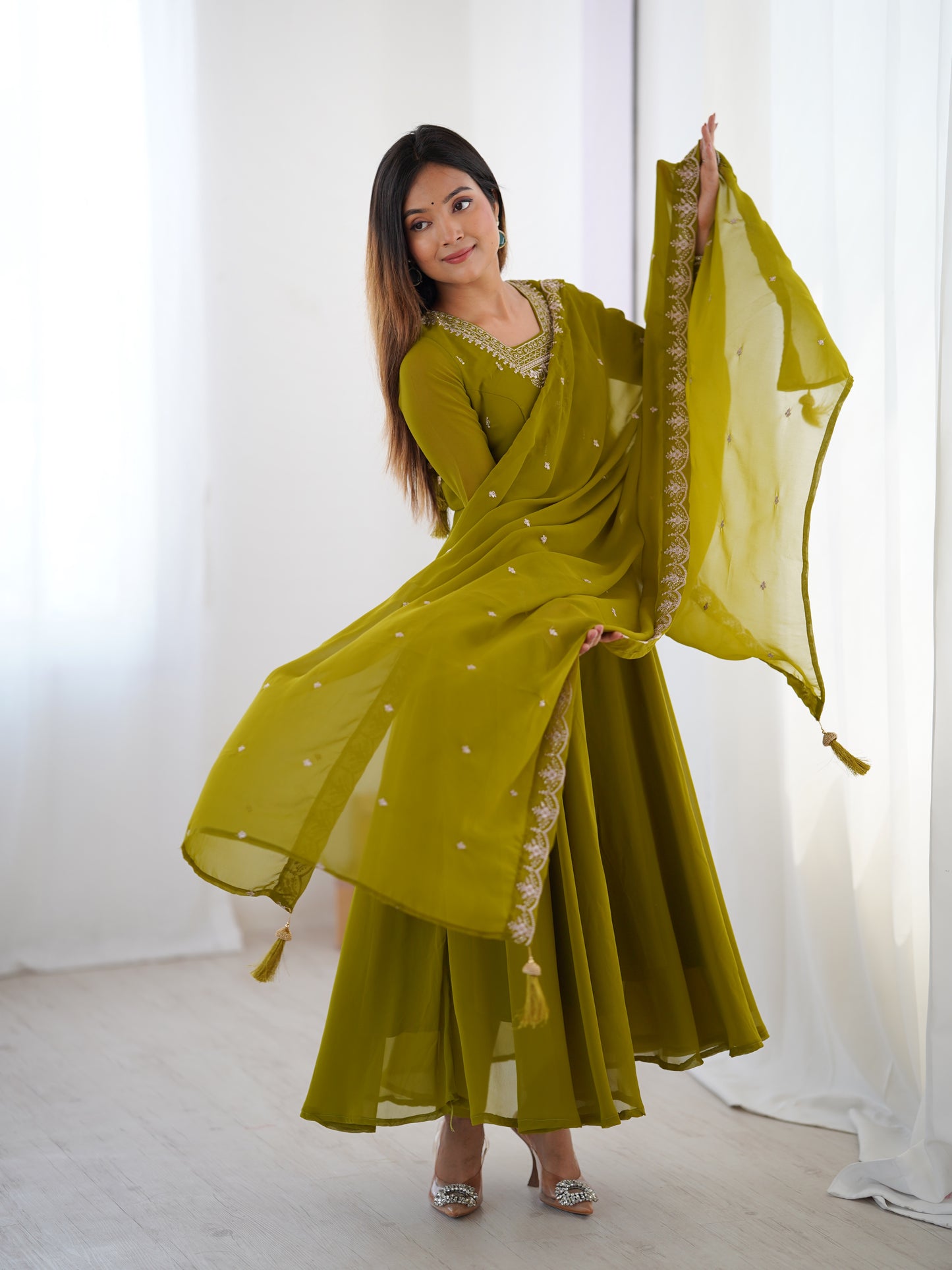 Premium Embroidered Faux Georgette Anarkali Set – Fully Stitched & Elegant