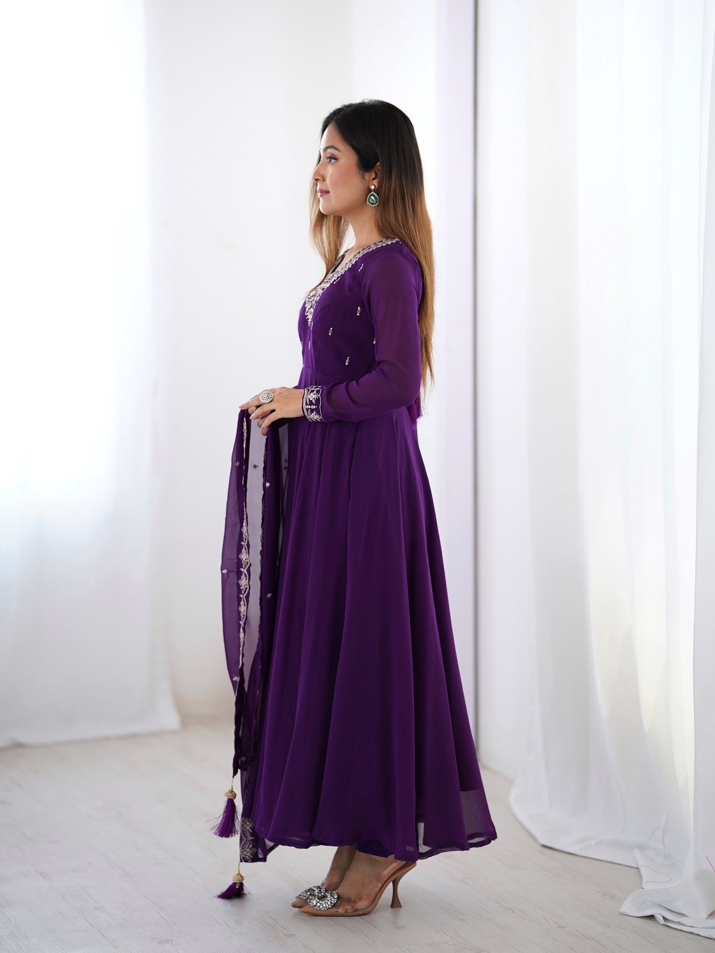 Premium Embroidered Faux Georgette Anarkali Set – Fully Stitched & Elegant