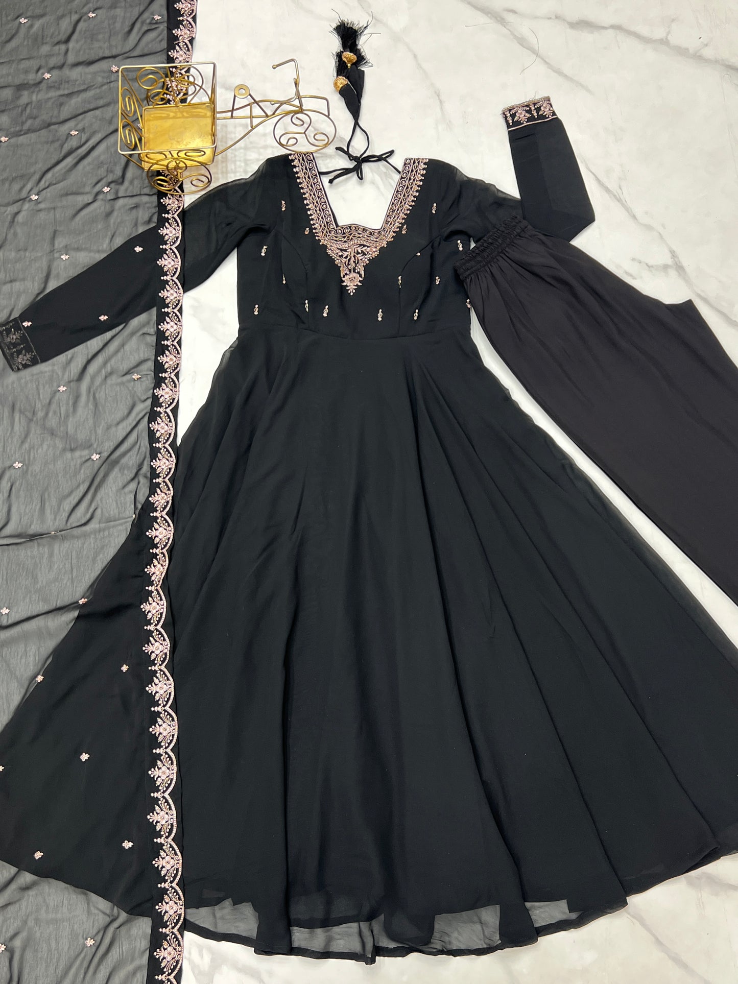 Premium Embroidered Faux Georgette Anarkali Set – Fully Stitched & Elegant
