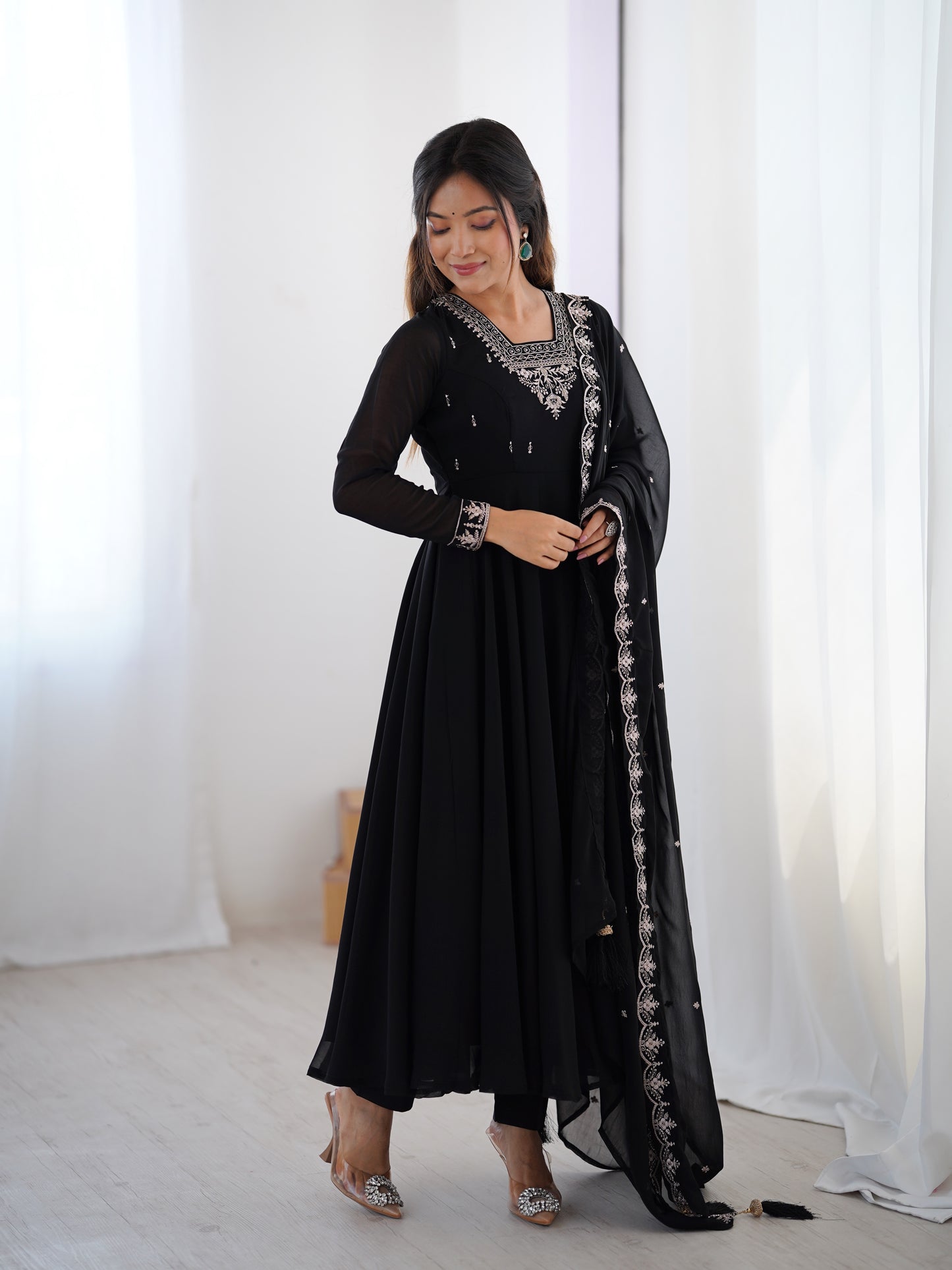 Premium Embroidered Faux Georgette Anarkali Set – Fully Stitched & Elegant