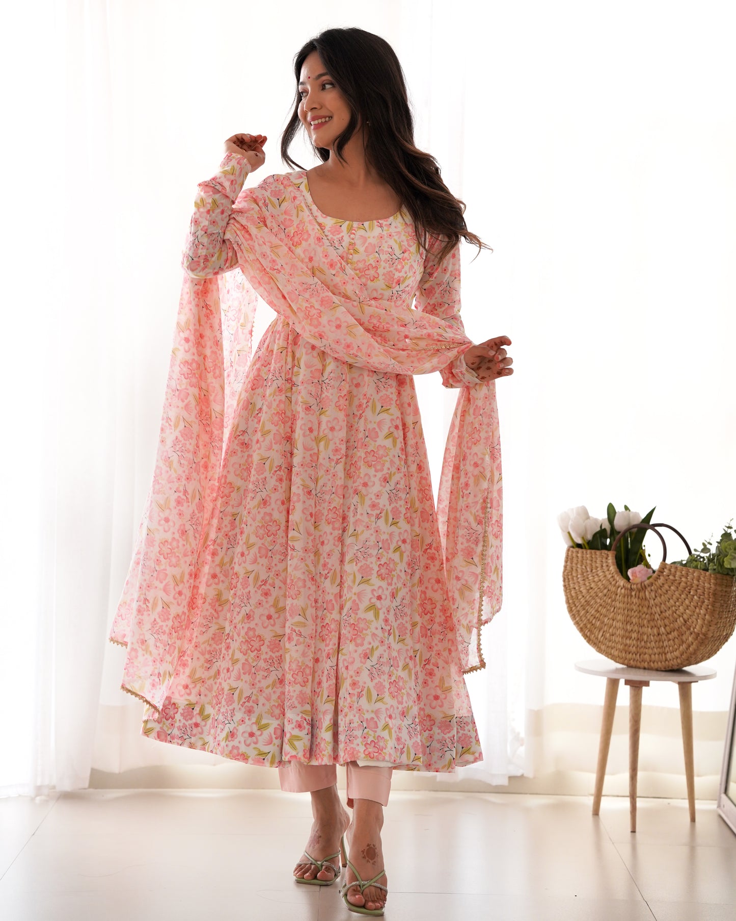 Elegant Orange Chiffon Floral Print Anarkali Set – Fully Stitched & Ready to Wear