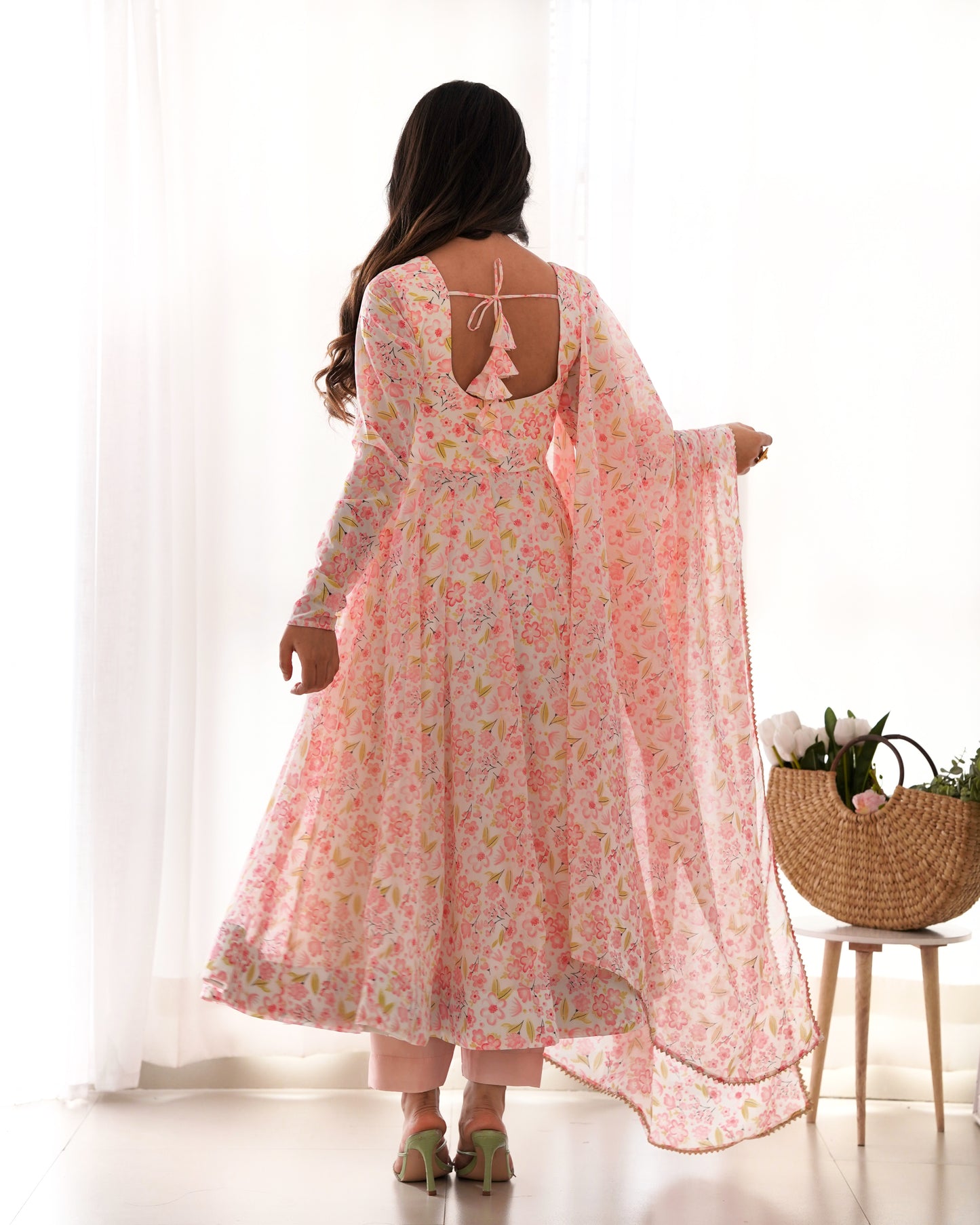 Elegant Orange Chiffon Floral Print Anarkali Set – Fully Stitched & Ready to Wear