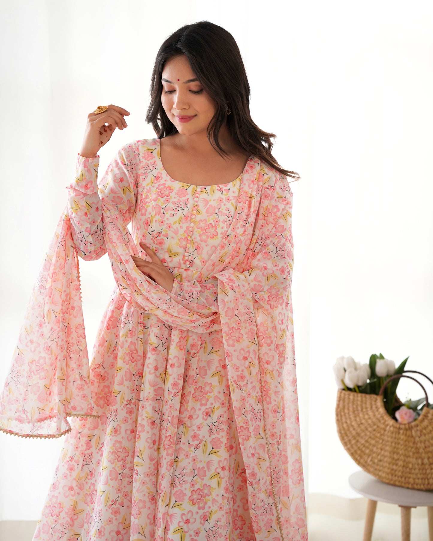 Elegant Orange Chiffon Floral Print Anarkali Set – Fully Stitched & Ready to Wear