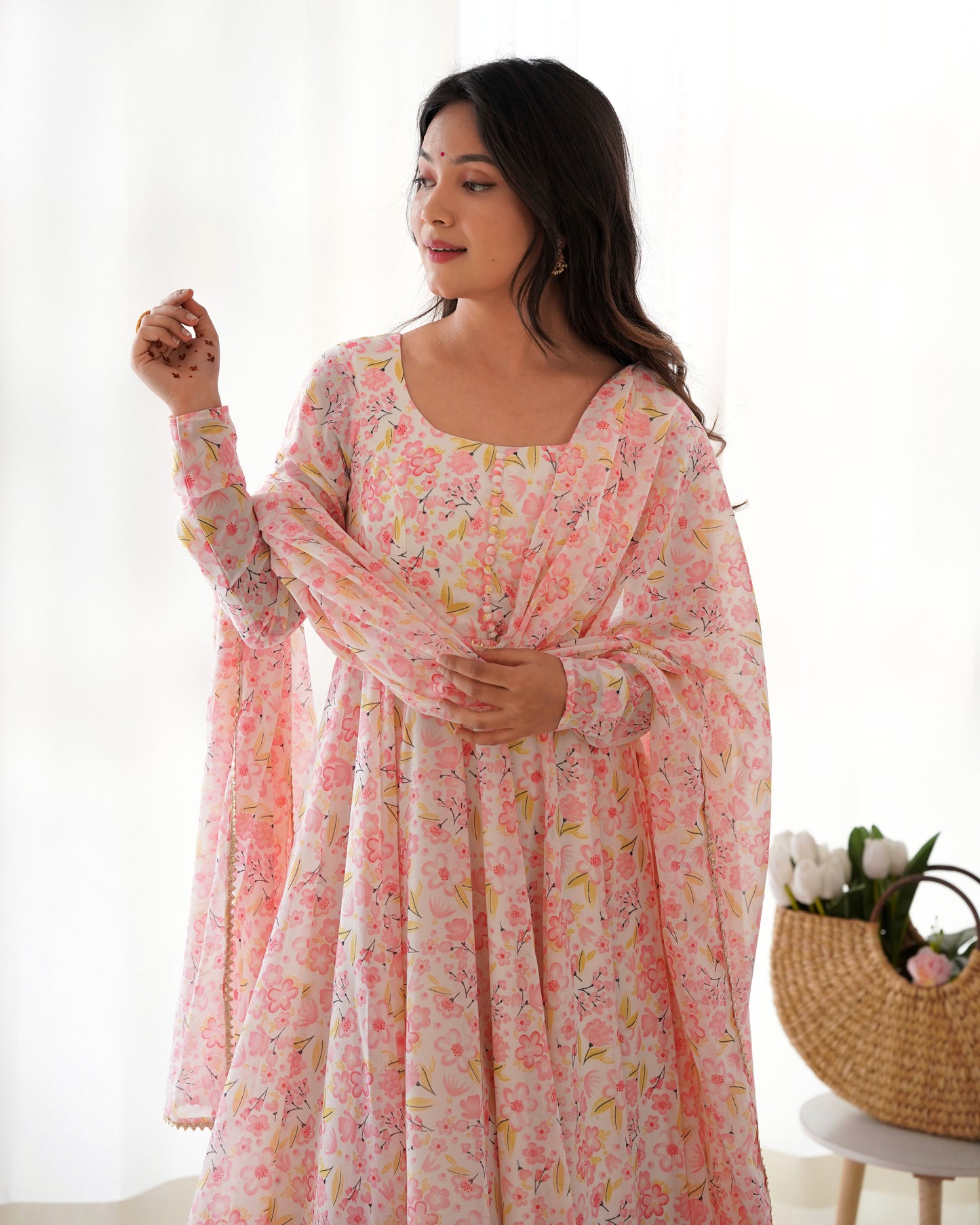 Elegant Orange Chiffon Floral Print Anarkali Set – Fully Stitched & Ready to Wear