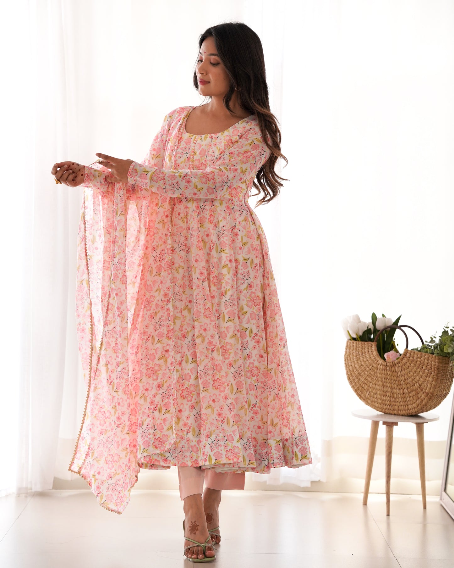 Elegant Orange Chiffon Floral Print Anarkali Set – Fully Stitched & Ready to Wear