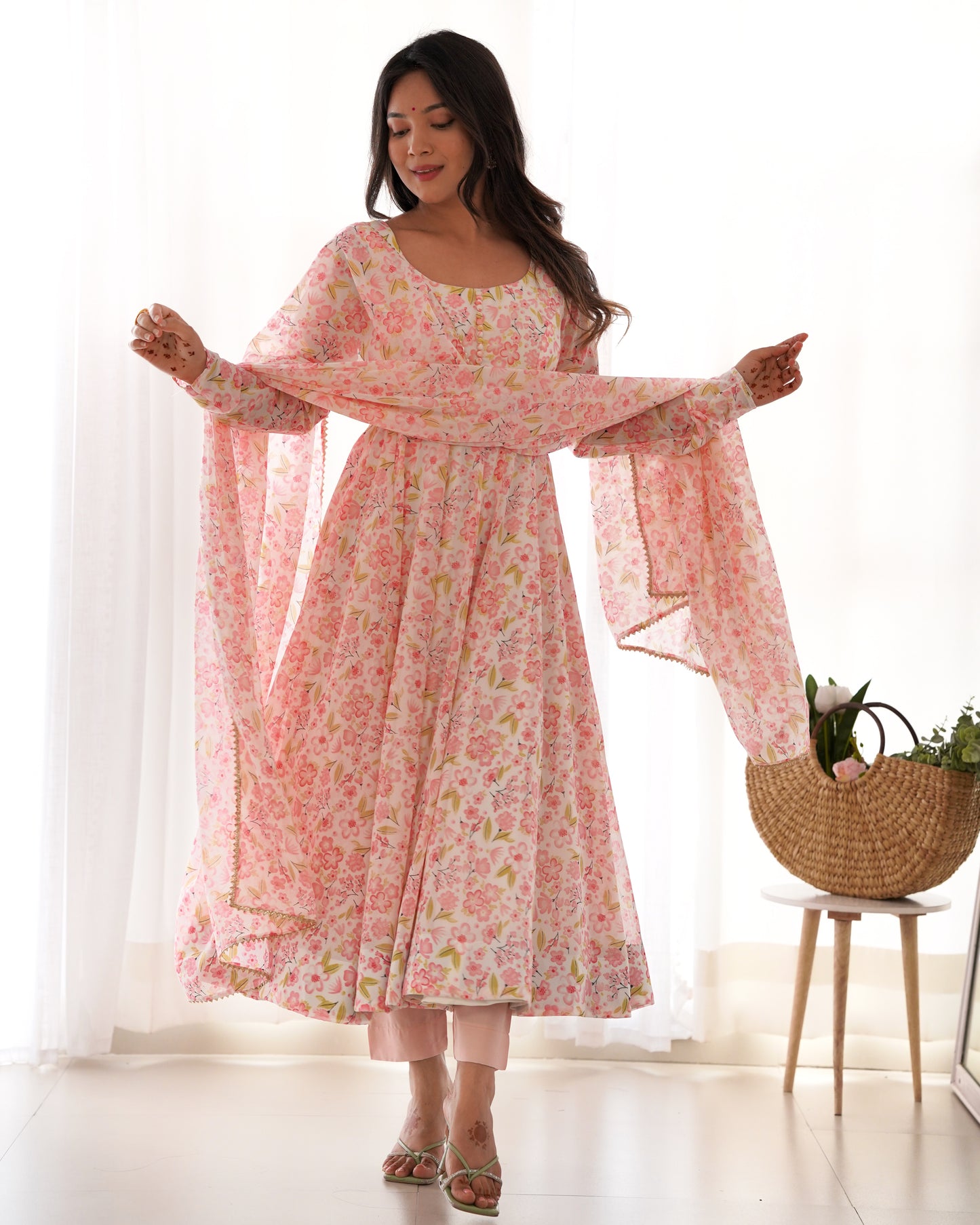 Elegant Orange Chiffon Floral Print Anarkali Set – Fully Stitched & Ready to Wear