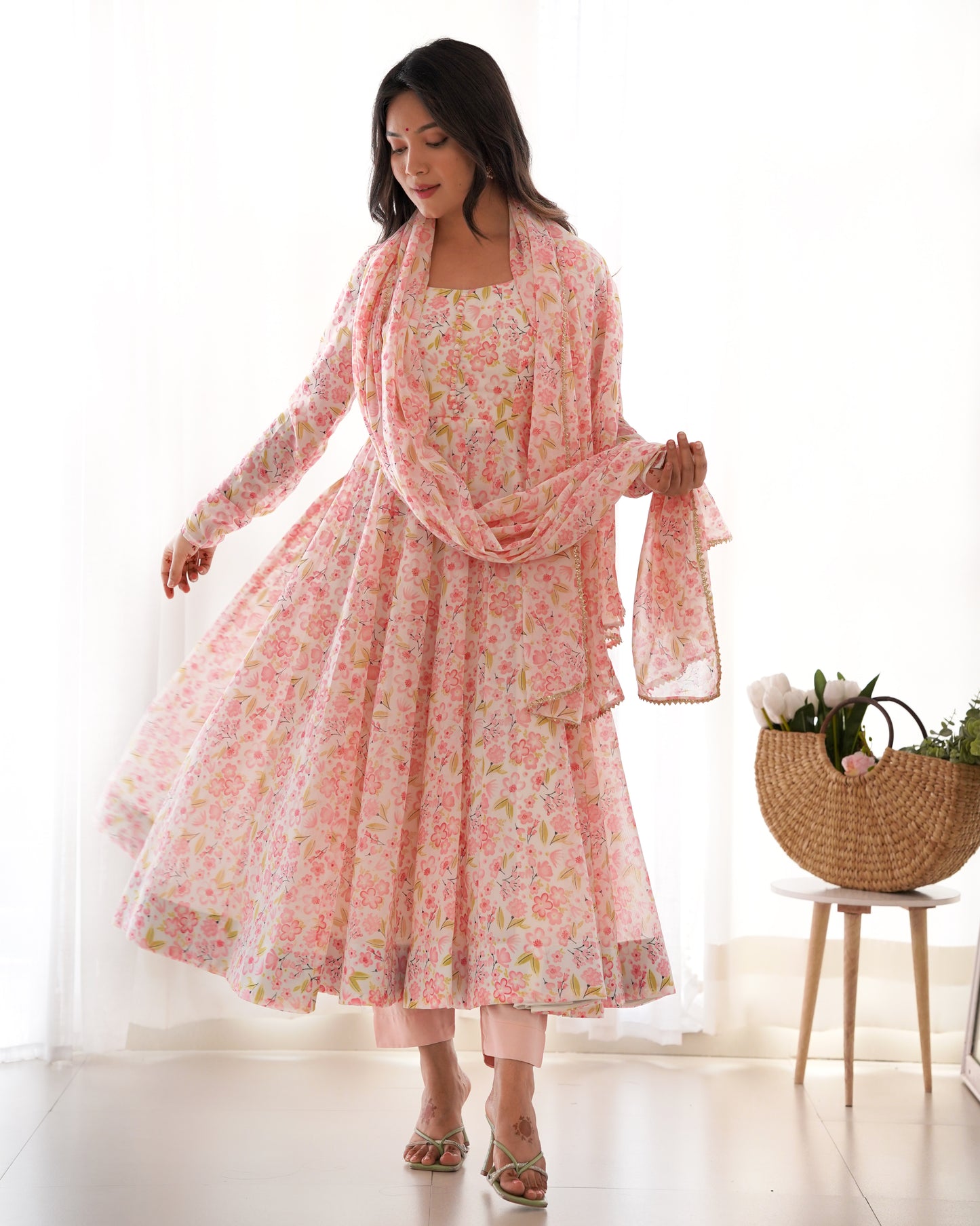 Elegant Orange Chiffon Floral Print Anarkali Set – Fully Stitched & Ready to Wear