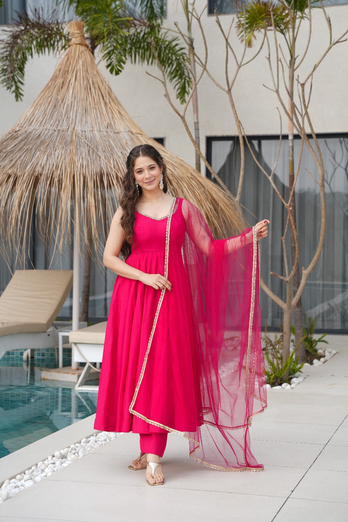 Pink Roman Silk Chanderi Anarkali Set – Fully Stitched & Ready to Wear
