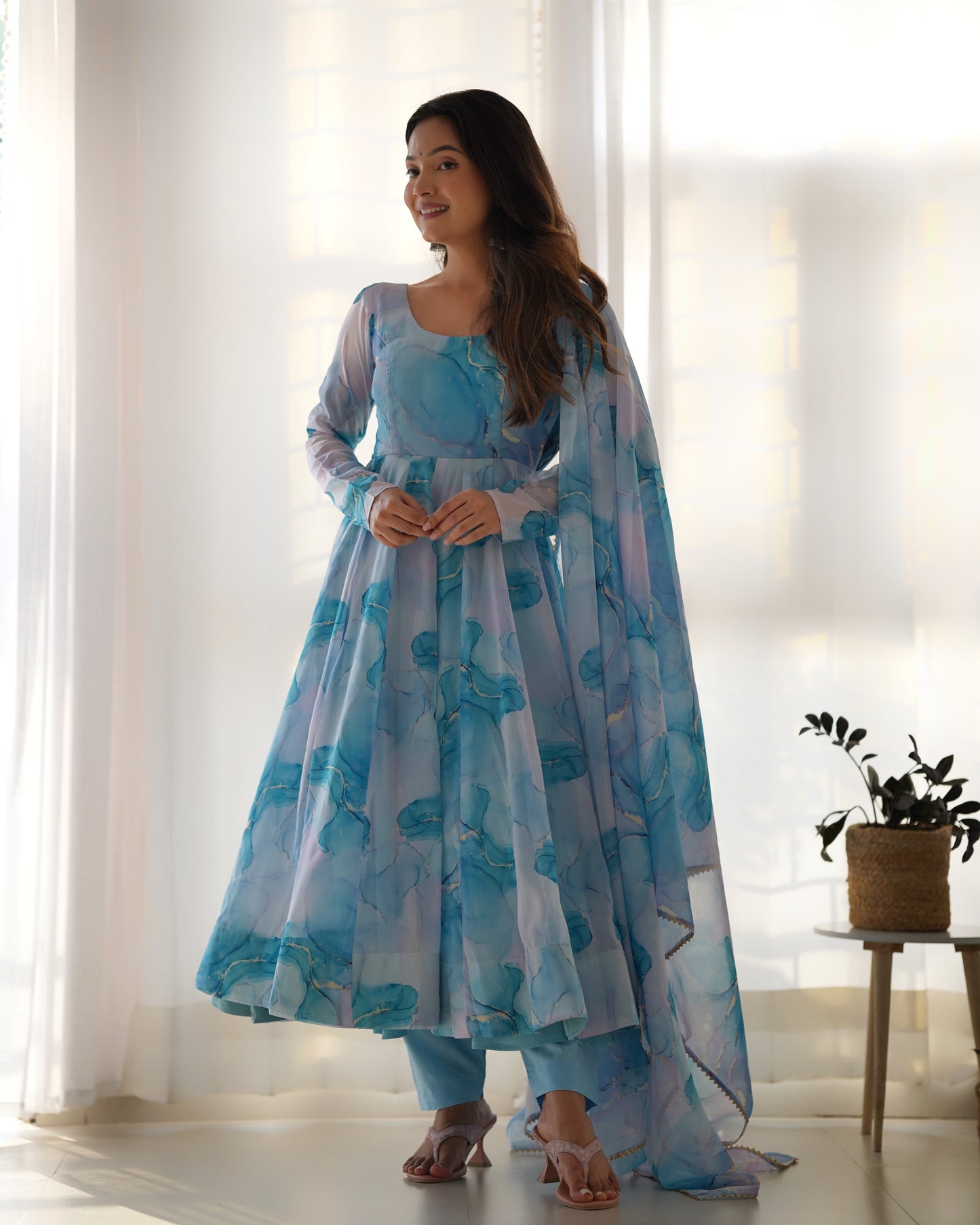 Amazing Soft Organza Silk Marble Print Anarkali Set – Fully Stitched & Ready to Wear